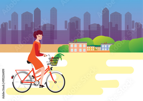City style woman riding on a bicycle with goods in a baske, vector illustration (ID: 195236499)