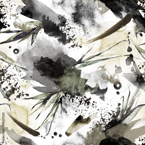 Seamless pattern with splashes, smears and tropical leaves. Abstract watercolor illustration. Modern texture in bronze shades. Monochrome nature design. Perfect for a poster, printing on fabric.