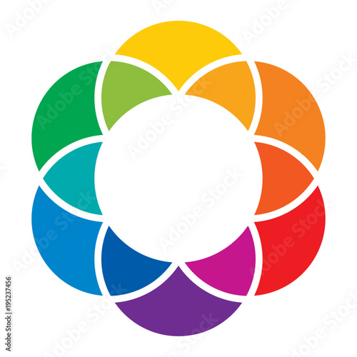 Rainbow colored flower and color wheel. Overlapping circles lead to a colorful space and background. Spectrum of complementary colors, combinations and mixes. Illustration on white background. Vector.