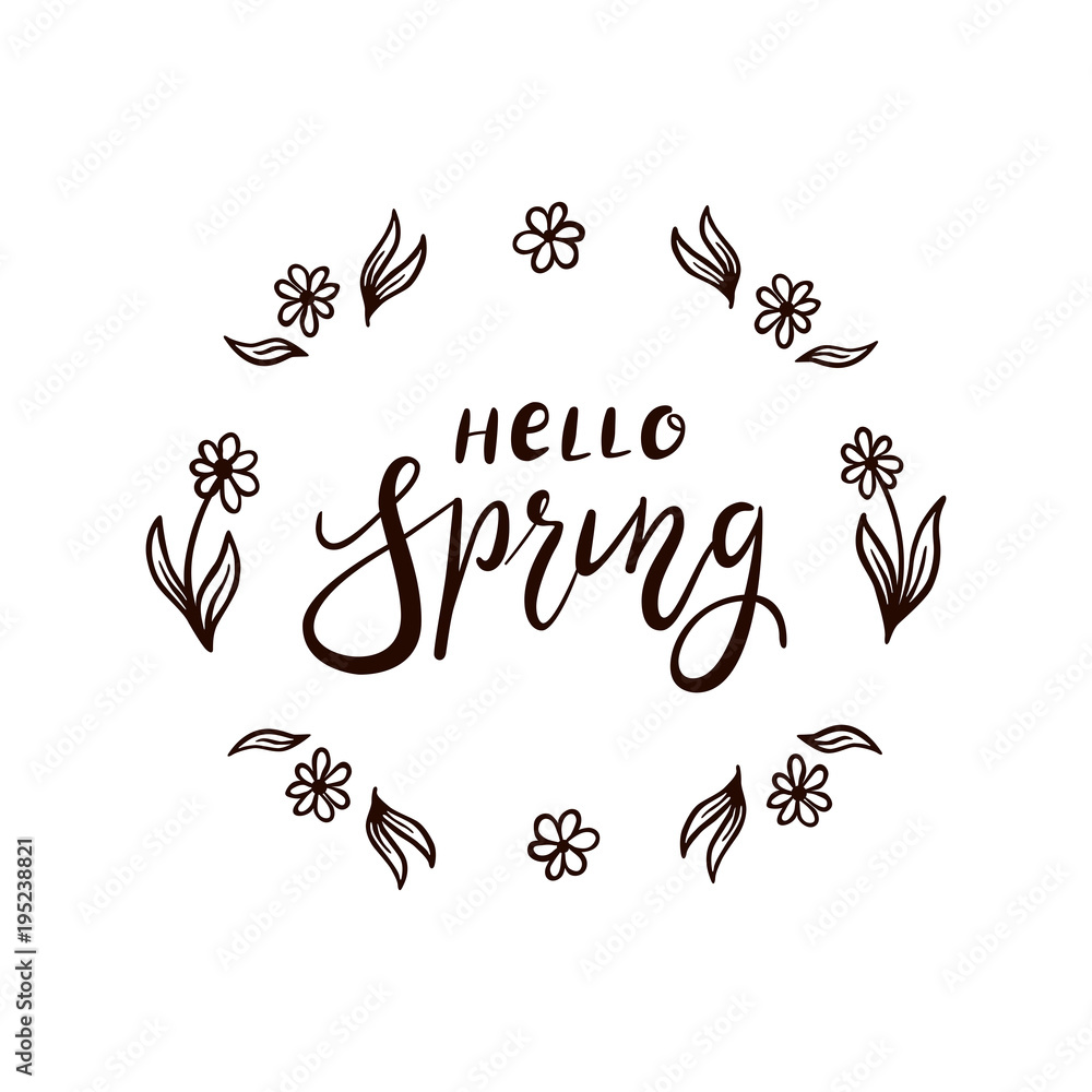 Text Hello Spring with flowers