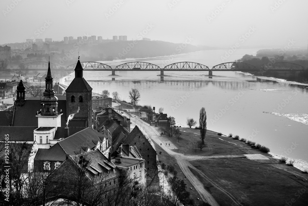 View of the city of Grudziadz from the castle tower towards the bridge across the Vistula.
