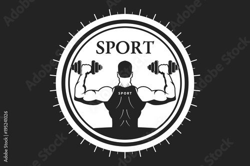 sports logo, man raises dumbbells.