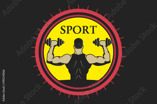 sports logo, man raises dumbbells.