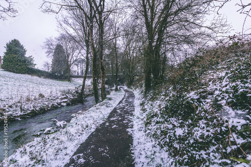 фотографія Rural setting in the village of Carrignavar during Storm Emma, also known as the Beast from the East, which hit Ireland at the start of March: stream surrounded by trees and roads covered in snow