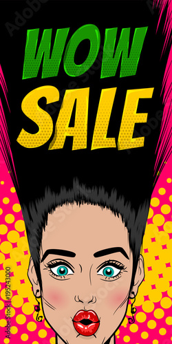Wow face pop art style beautiful woman. Shocked face vintage girl. Seasonal fashion sale banner. Vintage colored poster comic glossy text speech bubble balloon design. WOW SALE kitsch advertise.