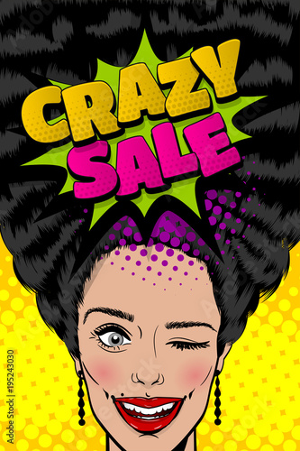 Smiling face vintage girl. Seasonal fashion crazy sale banner. Vintage colored poster comic glossy text speech bubble balloon design. Super sale kitsch advertise. Wow face pop art style pretty woman.