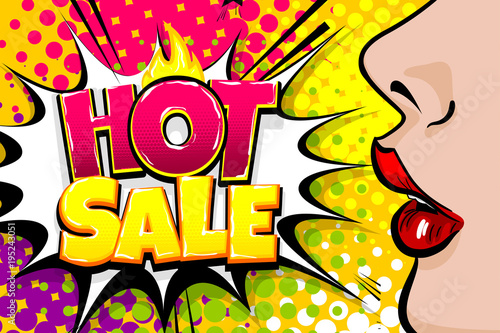 Profile face beautiful woman pop art style. Wow shocked face vintage girl. Seasonal fashion hot sale banner. Vintage colored poster comic glossy text speech bubble design. WOW SALE kitsch advertise.