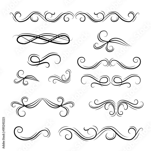 Set of ornate calligraphic vintage elements, dividers and page decorations. Vector.