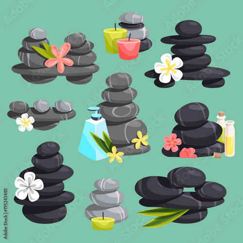 Spa stones vector stack beauty hot procedure isolated on background. Spa stones pebble concept therapy, heat cosmetic center beauty tranquil relax flowers and aroma oil