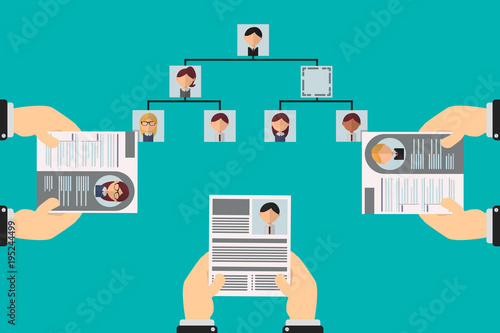 vacancy in the organizational hierarchy, applicants show their resumes to apply to the position, the organization chart is shown