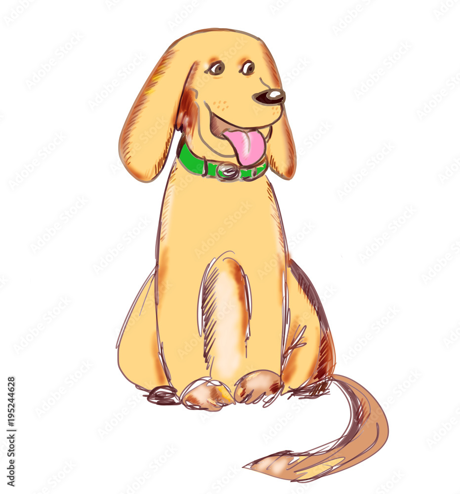 Big yellow dog with long ears in a green collar. Hand drawn Labrador  Retriever. Cute cartoon character for design, posters, prints, cards,  interior decor, kids room. Stock Illustration | Adobe Stock