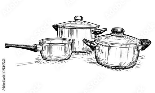 Vector artistic pen and ink hand drawing illustration of set of cooking pots.