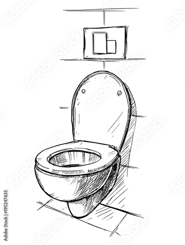 Vector artistic pen and ink hand drawing illustration of toilet bowl in bathroom.