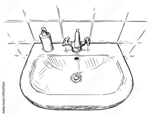 Vector artistic pen and ink hand drawing illustration of sink in bathroom.
