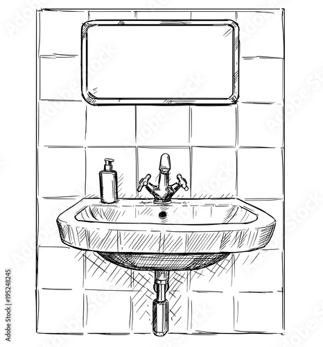 Vector artistic pen and ink hand drawing illustration of sink and mirror in bathroom.