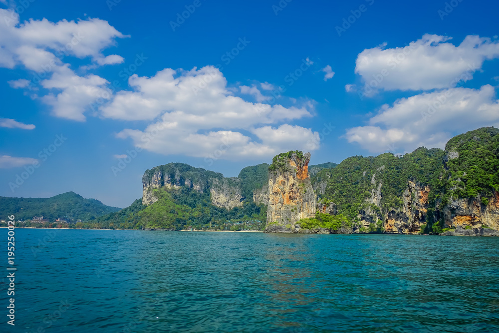Outdoor view of many beautiful islands near Railay beach with blue sky in Krabi province in the Andaman sea in south Thailand