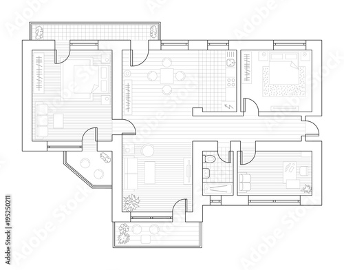 Architecture plan with furniture in top view. Coloring book