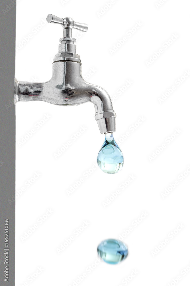 vertical image of a drop of water falling from a tap, with another on the ground, on a white background. Space for text on the right space.
