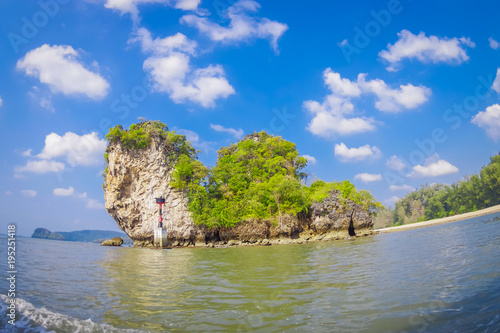 Outdoor view of many beautiful islands near Railay beach with blue sky in Krabi province in the Andaman sea in south Thailand