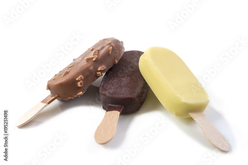 Ice cream collection of eskimo white chocolate, chocolate, praline chocolate white background