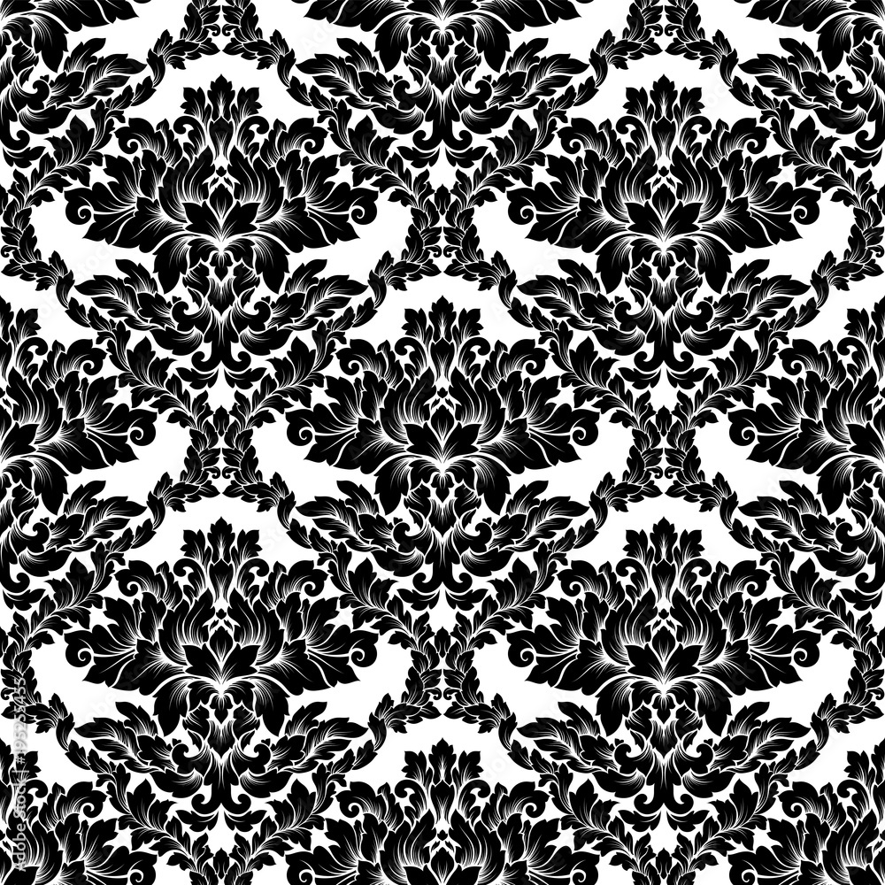 Damask seamless pattern intricate design. Luxury royal ornament, victorian texture for wallpapers, textile, wrapping. Exquisite floral baroque lacy flourish in black and white monochrome colors