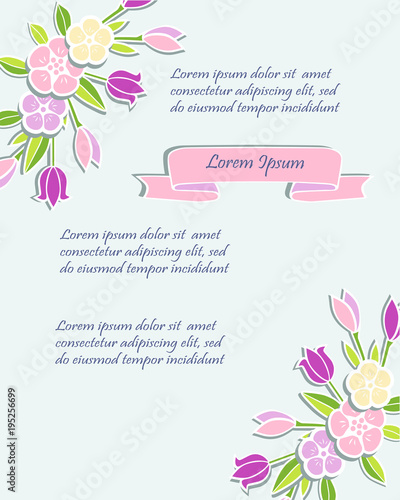 Template with flowers for party invitation, greeting card, postcard, girl birthday, Mother's Day, Woman's Day, Warm Season Card. Vector illustration.