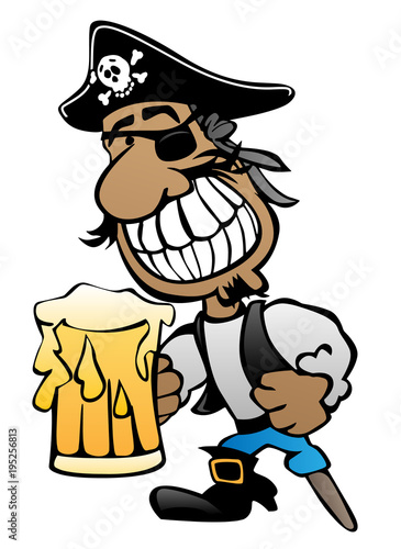 Pirate Cartoon Character with Peg Leg, Eye Patch and Beer
