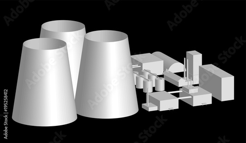 3d model, factory layout,  power station in an projection 3d illustration of industrial building or factory over black background. nuclear power plant layout, vector illustration