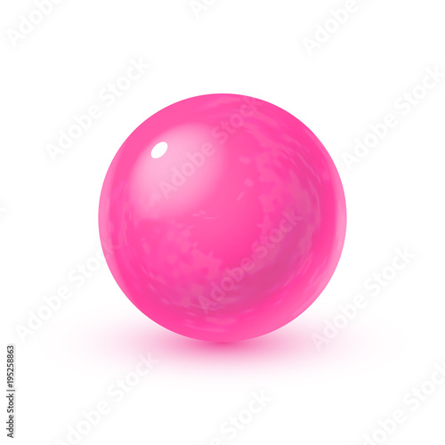 Realistic glass sphere with shadows, reflection of sky in mirror surface of pink pearl