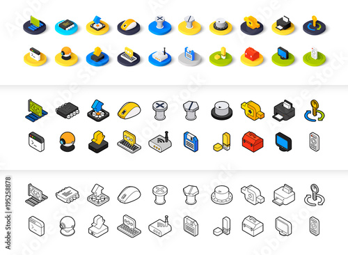 Set of icons in different style - isometric flat and otline, colored and black versions