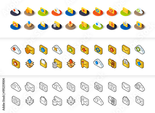 Set of icons in different style - isometric flat and otline, colored and black versions