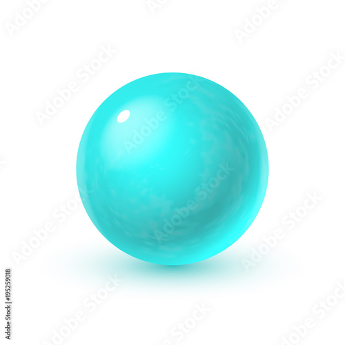 Realistic glass sphere with shadows, reflection of sky in mirror surface of cyan mint color pearl