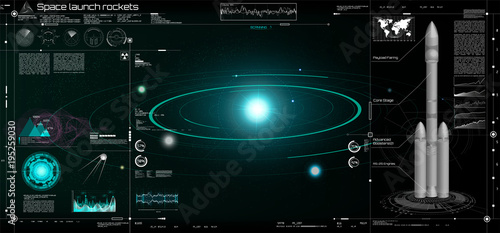 Space launch rockets in the HUD style, solar system, 3d spaceship, space satellite, stars, dashboards.  Elements pack of the Sky-fi HUD. panels Futuristic User Interface. Ui technology elements. gui