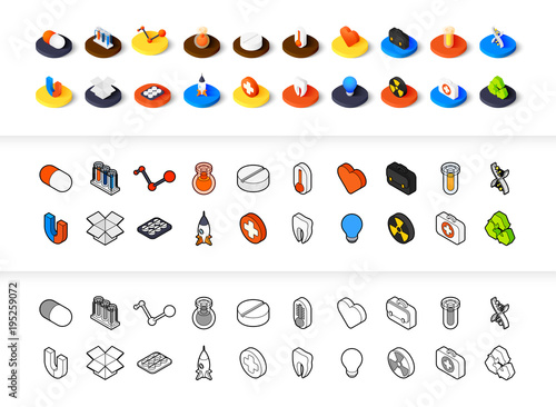 Set of icons in different style - isometric flat and otline, colored and black versions