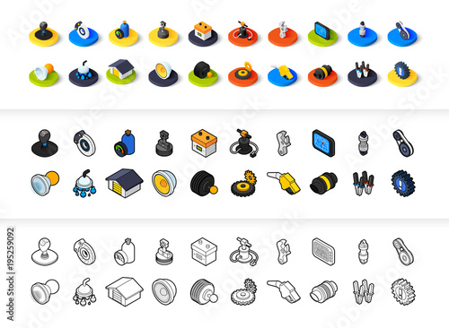 Set of icons in different style - isometric flat and otline, colored and black versions