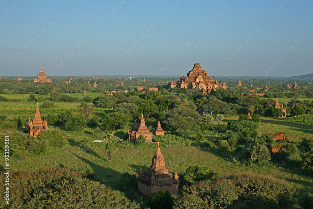The late evening light catches the red bricks of the Dhammayan Gyi Temple on the plains of Bagan, in Myanmar