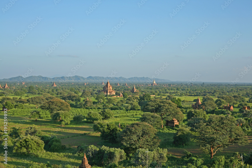 The view from the shwesandaw pagoda across the temple fields of Bagan in Burma