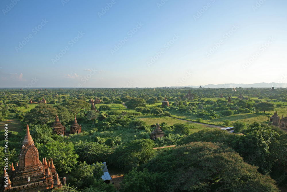The countryside dotted with stupas and pagodas in Bagan, Myanmar