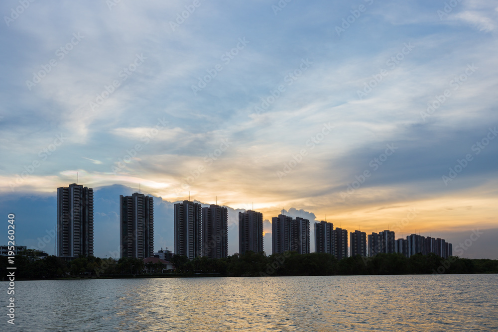 Building condo in evening. Building condo in evening.