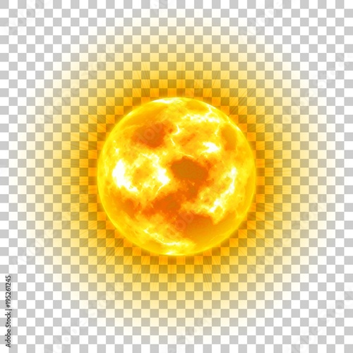 Sun, transparent background, heavenly body, cartoon, realistic. Star in center of solar system for illustrators. Vector illustration of celestial luminary