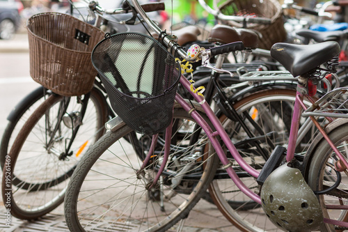 Retro bikes parked on the street in Stockholm