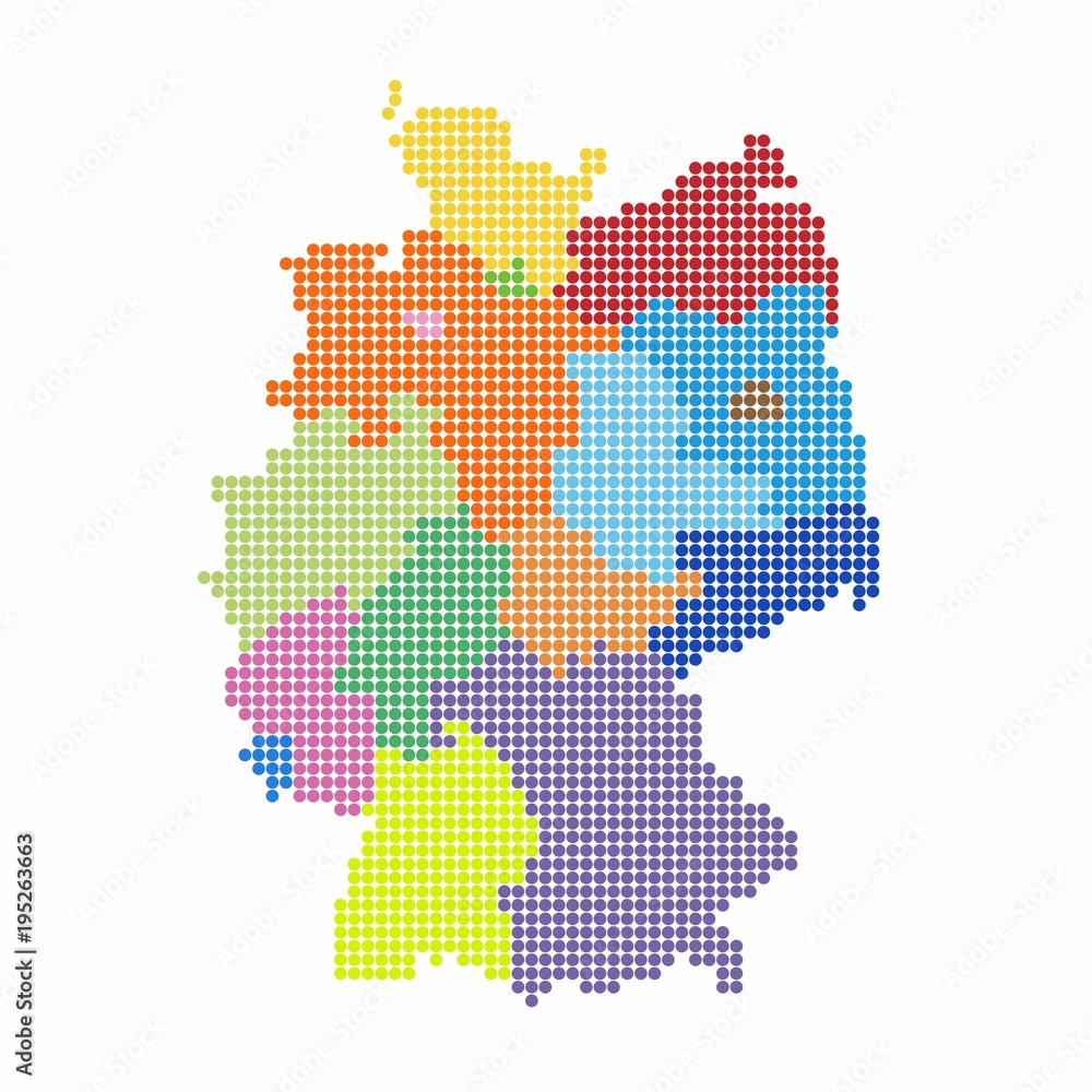 Germany Map of circle shape with the regions colorful in bright colors on white background. Vector illustration dotted style.
