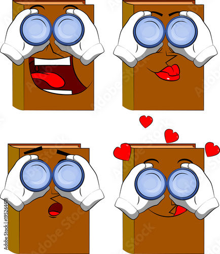 Books looking through binoculars. Cartoon book collection with various faces. Expressions vector set.