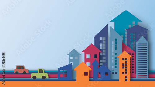 Business concept of paper art style.Cityscape building with arrows shape look like growing graph and charts.Vector illustration.