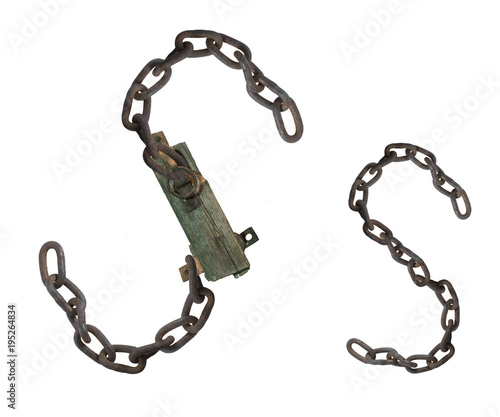 letter S from rusty old chains and rotten wooden leash, isolate on white background