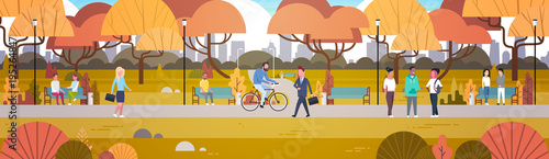 Outdoor Park Activities  People Relaxing In Nature Walking Riding Bicycle And Communicating Horizontal Banner Flat Vector Illustration