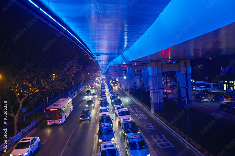 上海夜景ー青い首都高速道路 上海夜景 蓝色的高架 Shanghai Night Blue Elevated Road Stock Photo Adobe Stock