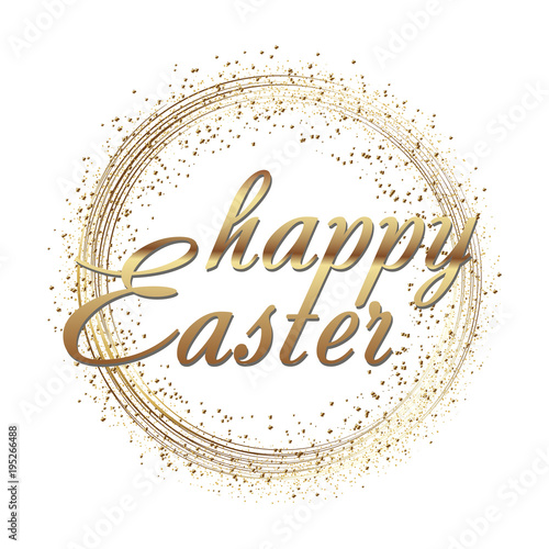 Happy Easter greeting card with gold sparkles dots and text. Vector.