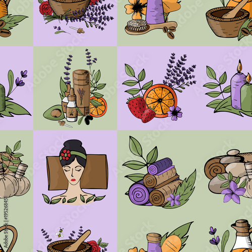Seamless background on a spa theme, relaxation, massage, ayurveda in gently lilac green tones. Lavender, citric and organic cosmetics. Caring for the body, herbs and massage