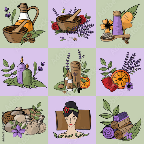 Vector icons relaxation, spa, massage, organic cosmetic, wellness therapy, natural cosmetics, bio, health and body care,  alternative medicine. Violet Lavender coloure